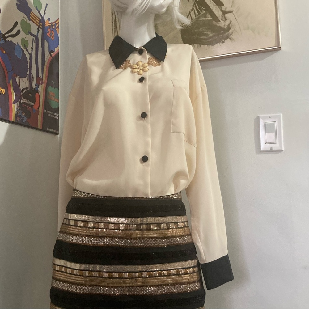 Vintage Burton Button Down Blouse - Chic Nude and Black - Made in UK